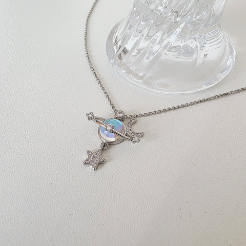 Image of Collar Saturno de Piedra Lunar Chape Plata S925