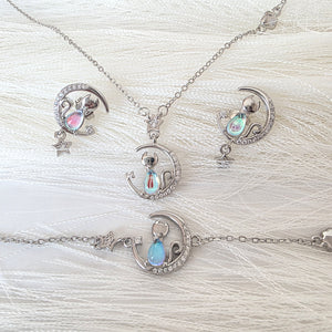 Set Gato en la Luna y Estrellas - Collar, Pulsera y Aretes S925