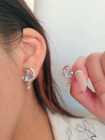 Image of Set Gato en la Luna y Estrellas - Collar, Pulsera y Aretes S925