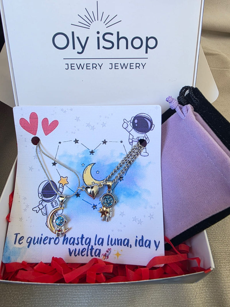 Collar de Pareja Astronautas con Luna, Estrella y Corazón Magnético