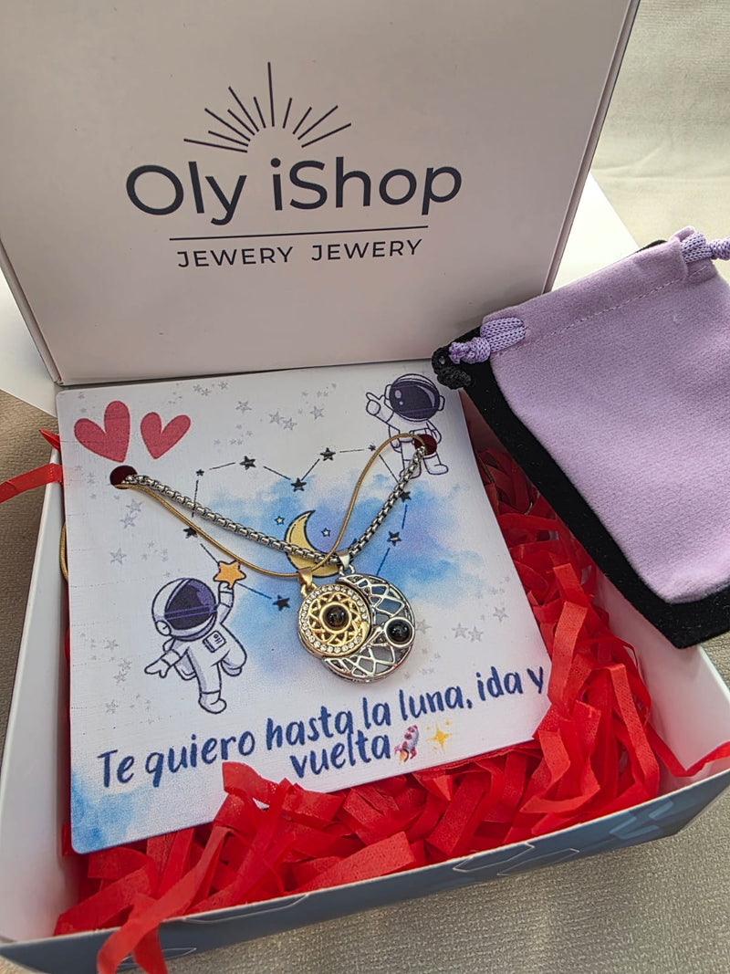 Collar de Pareja Sol y Luna Magnético con Proyección Te Amo en 100 Idiomas